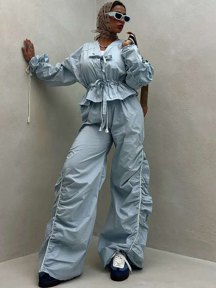 Kliou Shirring Matching 2 Piece Set Women Casual Tracksuits New Ruffle Bandage Tops+Elastic Oversized Pants Female Activewear