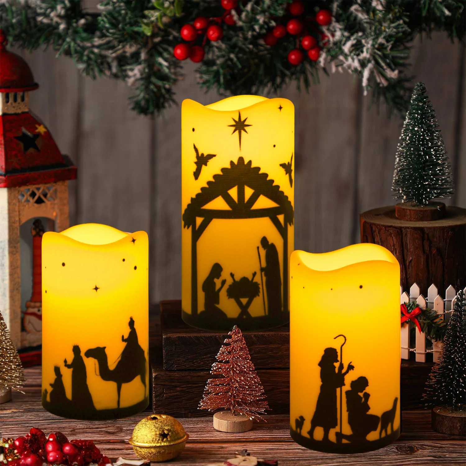5pcs Flameless LED Christmas Nativity Scene Candle Lights Battery Powered Religious Pillar Decoration for Indoor Holiday Home W251107
