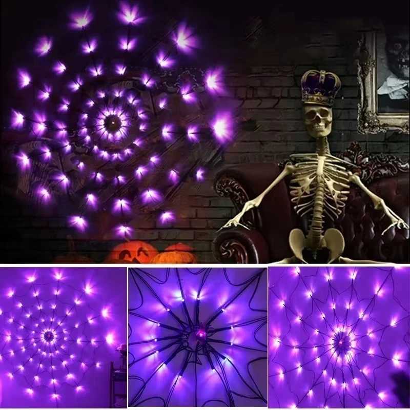 Halloween Window Decorations Purple Spider Web String Lights with 70 LEDs Battery Powered Remote Control 8 Modes for Party Decor W251107