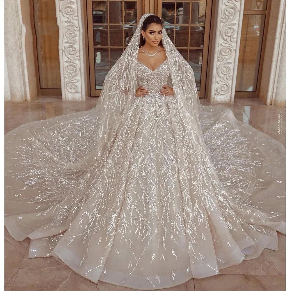 Customized Ball Gown V Neck Arabia Wedding Dresses Sparkly Glitter Long Sleeve Sequin Beaded Sweep Train Bridal Gowns
