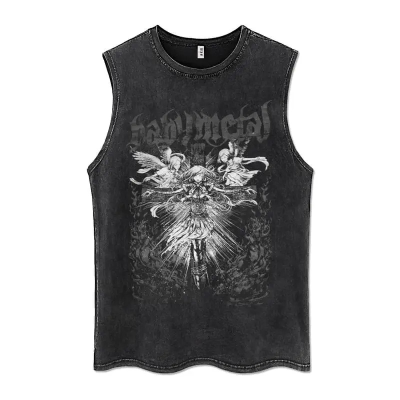 Mens vest Gothic punk vest vintage washed T-shirt Y2K streetwear vintage letter cross print sleeveless summer top 250403