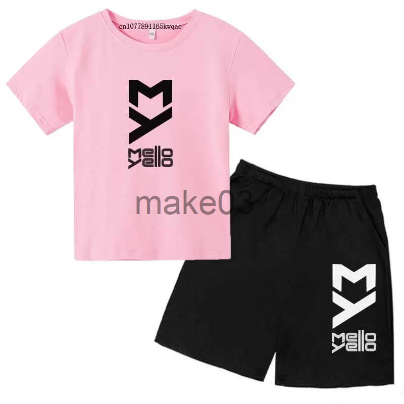 Childrens summer printed 2-piece T-shirt+2-piece short sleeved sports suit boys and girls aged 2-13 casual clothing for childrens set J250403