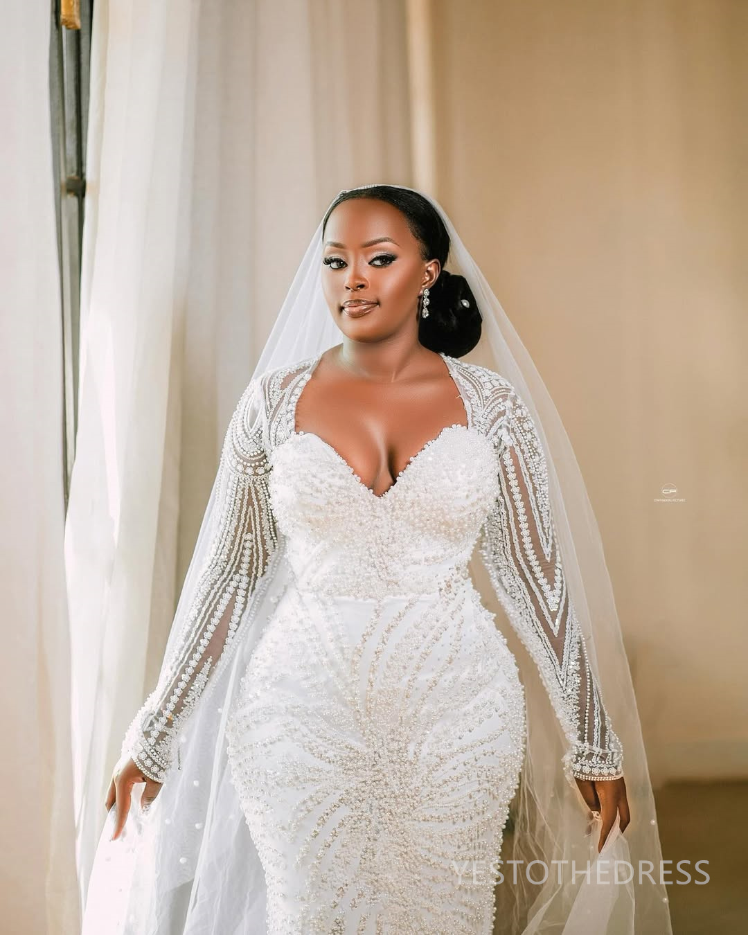 2025 Plus Size Mermaid Wedding Dress For Bride Long Sleeves Detachable Train Sweetheart Long Sleeves Beaded Lace Tiered Tulle Wedding Gowns For Black 