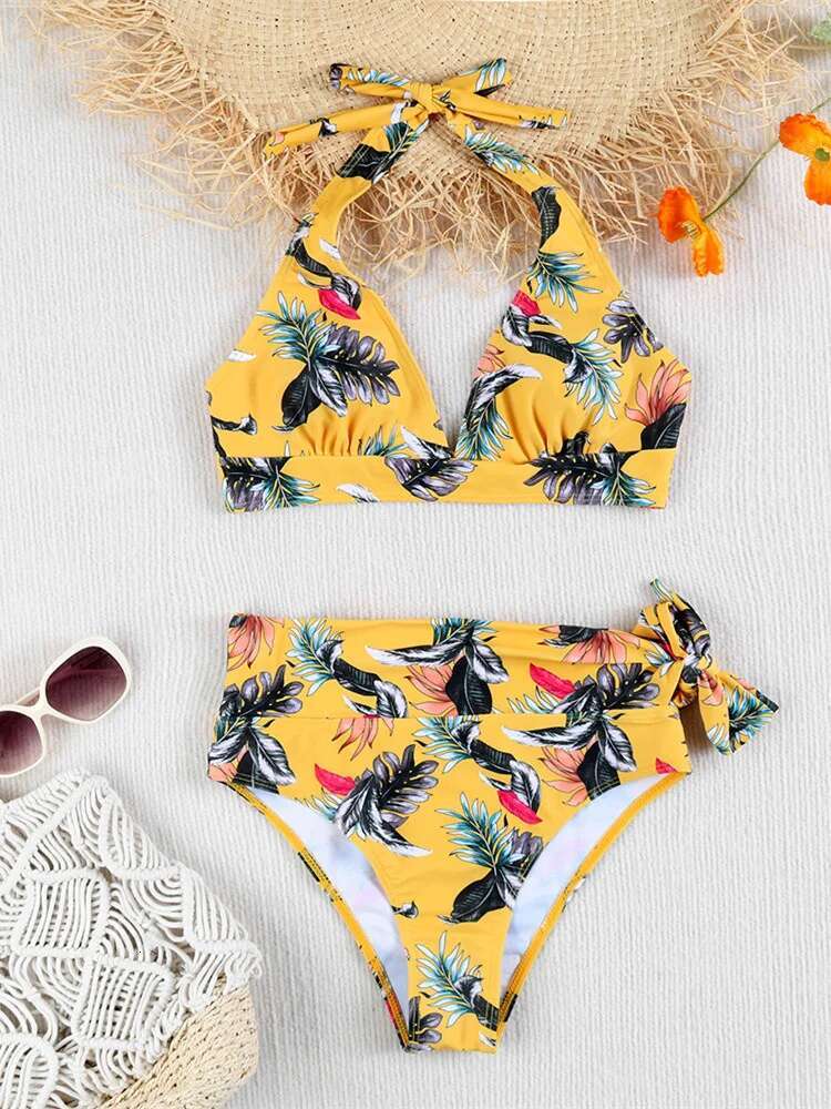 Dongdumaoyi Vintage High Waist Bikini Set Women Black Leave Print Push Up Belt Two Piece Swimsuit Summer Bathing Swimming Suit Swimwear
