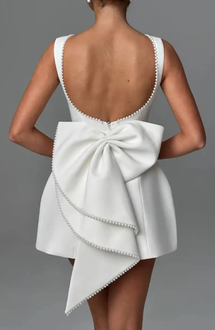 Elegant pearl bow backless short skirt womens sleeveless party cute mini dress black and white pink chic birthday night Y2K style 250402