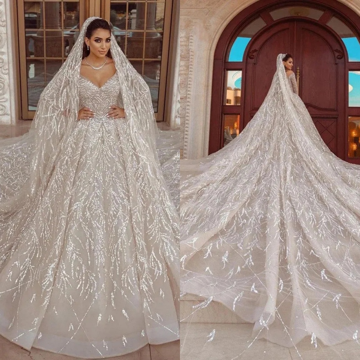 Customized Ball Gown V Neck Arabia Wedding Dresses Sparkly Glitter Long Sleeve Sequin Beaded Sweep Train Bridal Gowns