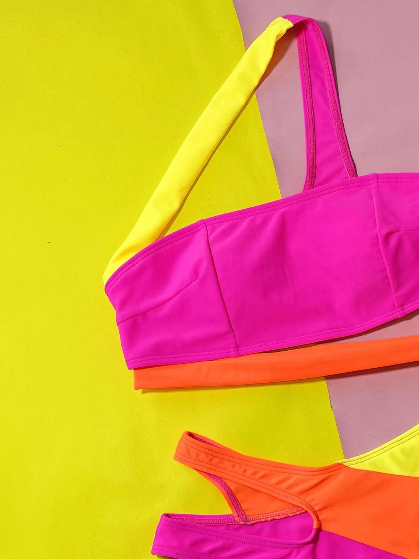 Dongdumaoyi Sexy High Waist Bikinis Sets Women Hot Pink Patchwork One Shoulder Push Up Swimsuit Hollow Out Beach Bathing Suit Swimwear