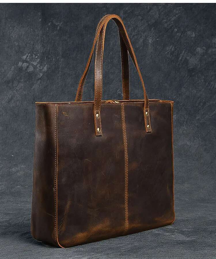 Vintage Crazy Horse Handbag For Women Big Capacity Cowhide Tote Soft Cow Leather Shoulder Bag Female Large Travel Bags