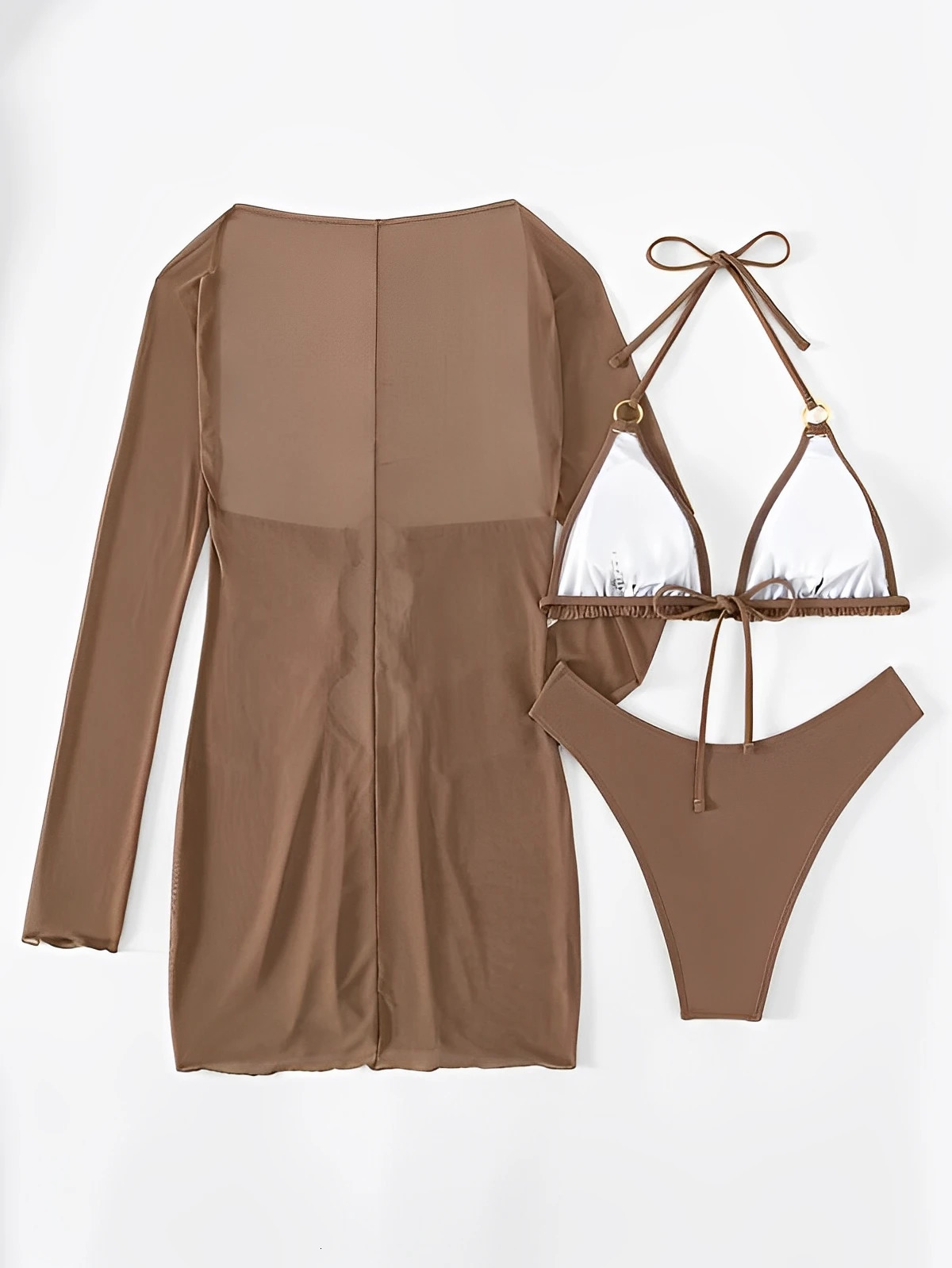 3piece circular link bikini womens triangle swimsuit suspender solid beachwear bathroom summer 250313