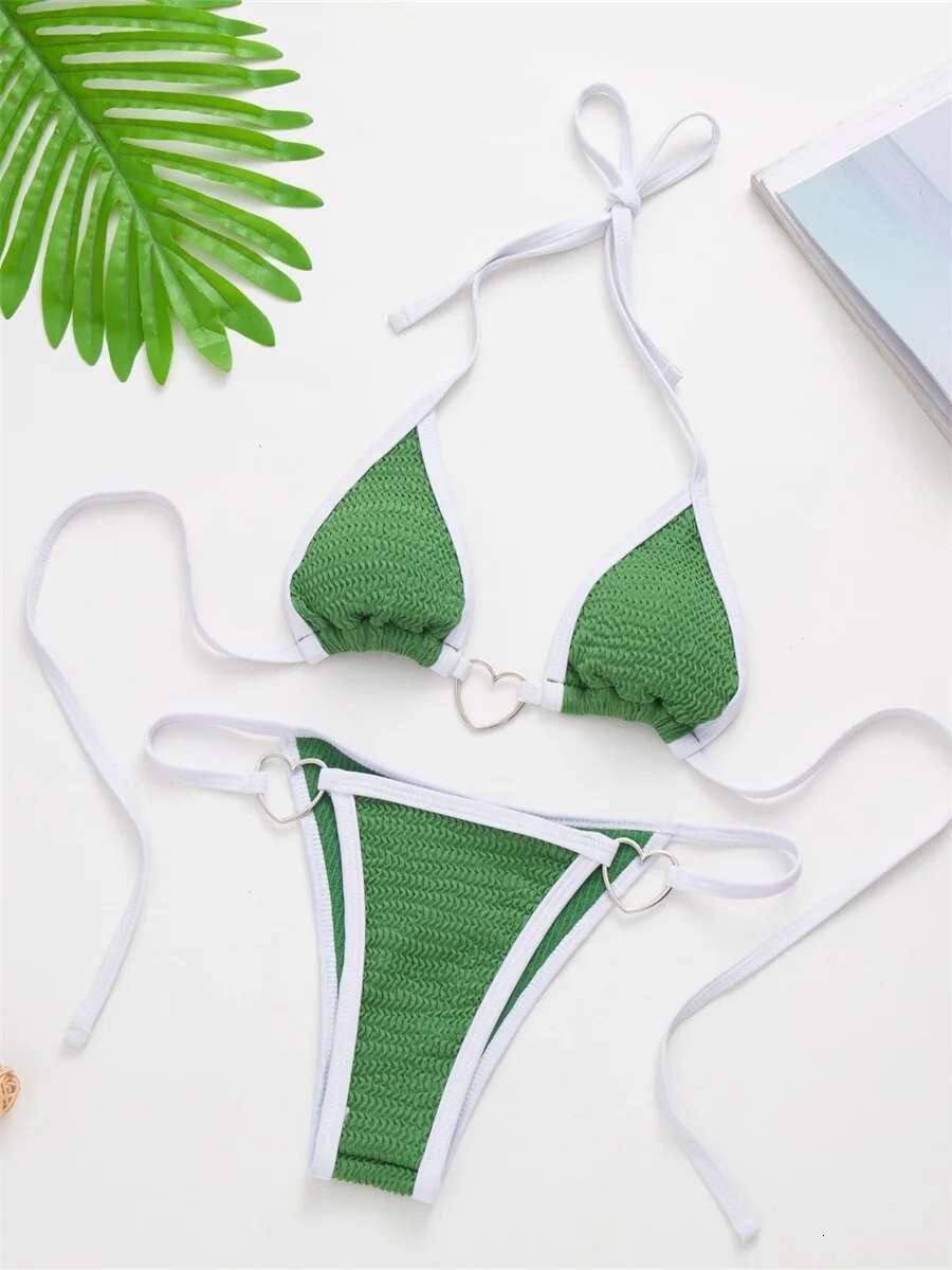 Dongdumaoyi Sexy Green Micro Bikini Mujer Women Ring Linked Push Up Pleate Mini Swimwear Brazilian Cut Out Bathing Suit Thong Swimsuit
