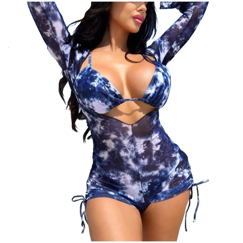 Swimsuit plus size womens printed tie dye bikini long sleeved mesh three piece swimsuit Trajes De Ba O Mujer 250313