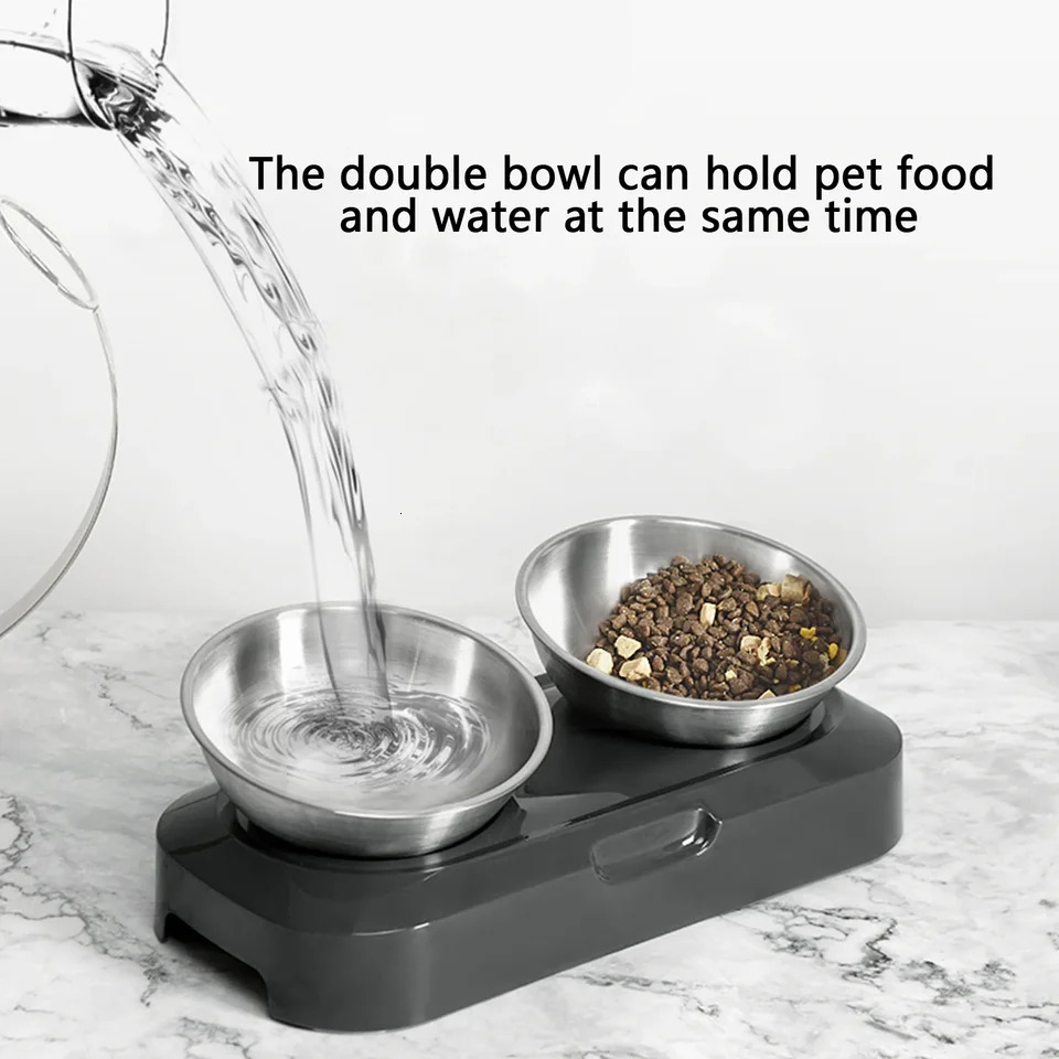 PETWAN pet raising stainless steel cat bowl anti slip silicone pad and cat raising bowl with 15 ° and 0 ° tilted neck pet protection bowl 250403