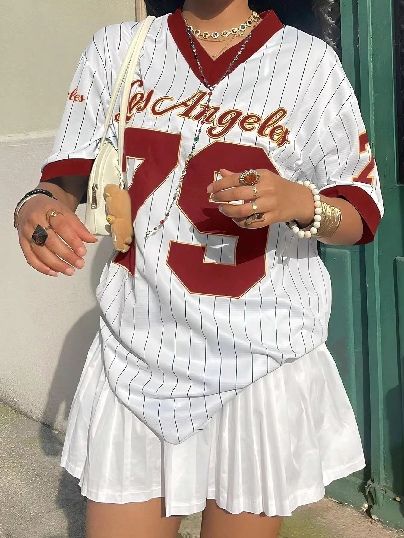 Los Angeles womens letter printed Vneck short sleeved Tshirt summer graphic baseball shirt oversized sports 250407