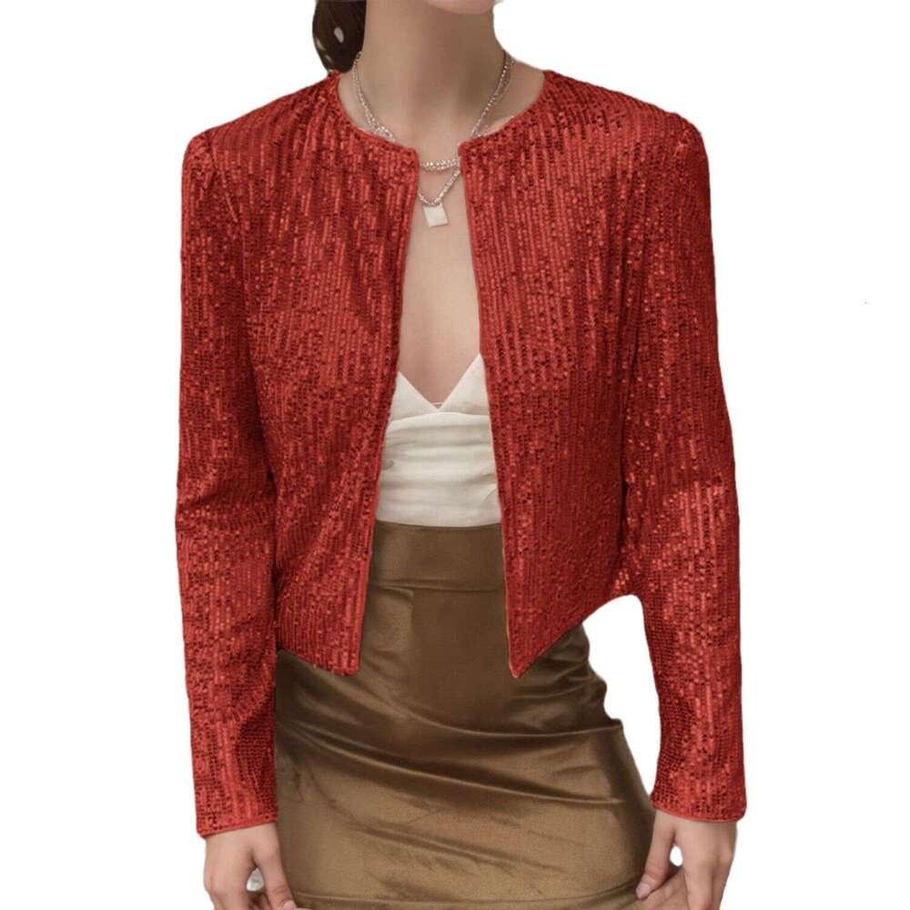 2025 Spring Cross-Border Hot-Selling Round Neck Long Sleeve Solid Color Cardigan Casual Versatile Sequin Jacket for Women
