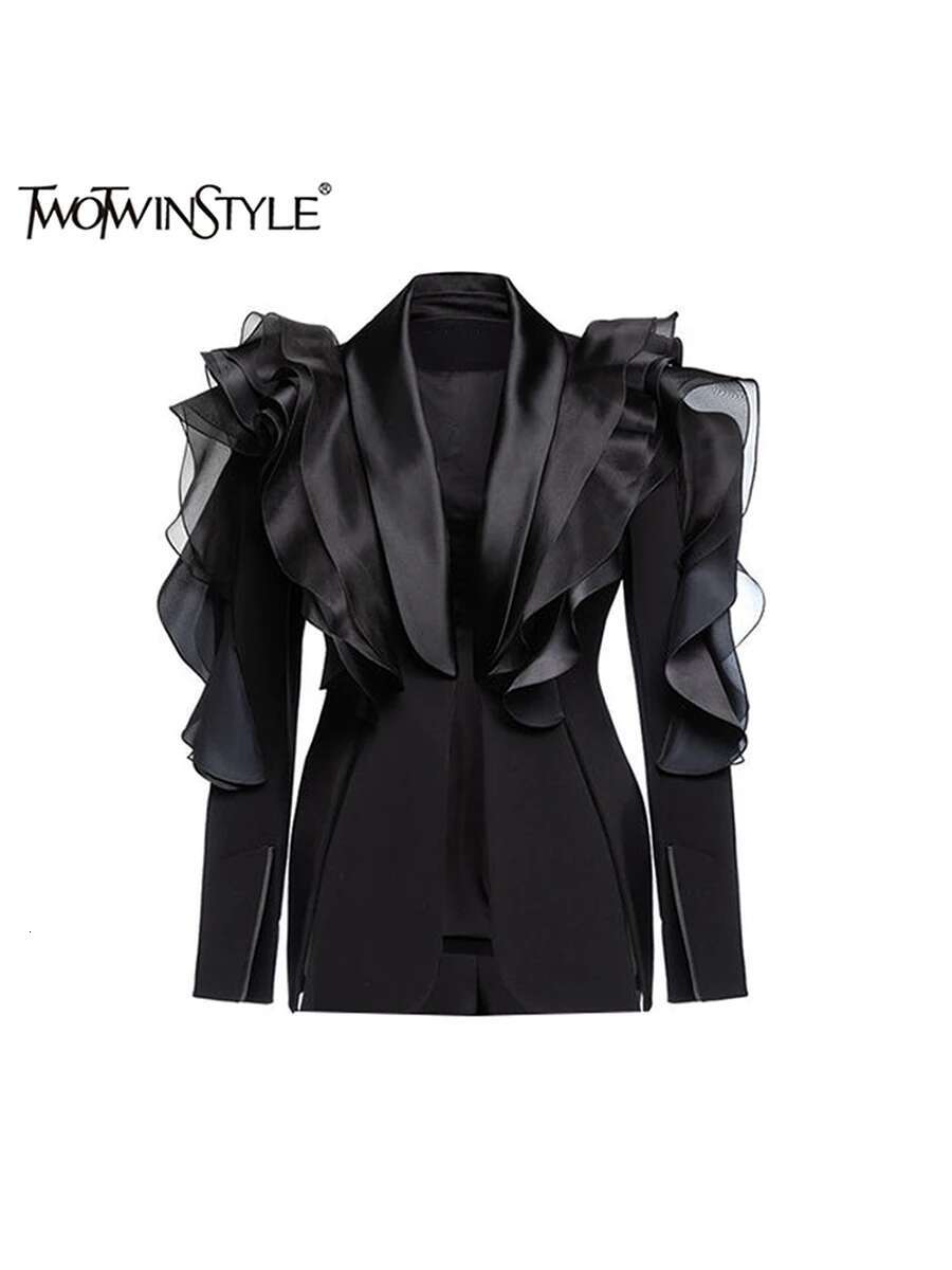 TWOTWINSTYLE Asymmetric Jackets For Women V Neck Long Sleeve Spliced Button Slimming Casual Coats Female Style Clothes New