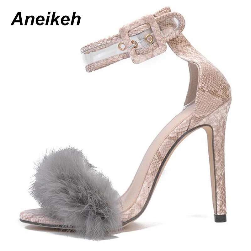 Aneikeh Women High Heels Footwear Fur Ankle Strap Gladiator Sandals Female Wedding Sexy Shoes Stiletto D-88-5#