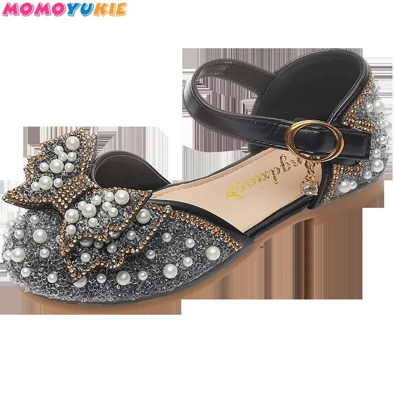 Girls Sandals Summer Korean Edition Fashion Cute Bow Pearl Glitter Childrens Princess Shoes Dance Shoes Trend 250402