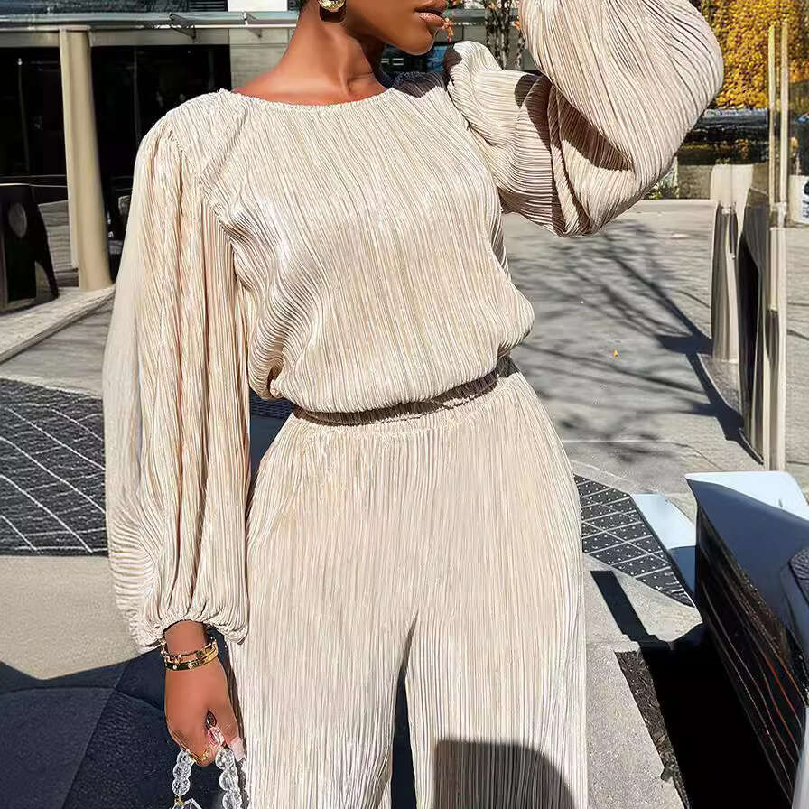 Women's 2025 Spring New Home Solid Color Loose Casual Long Sleeve High Elastic Pleated Two-Piece Set