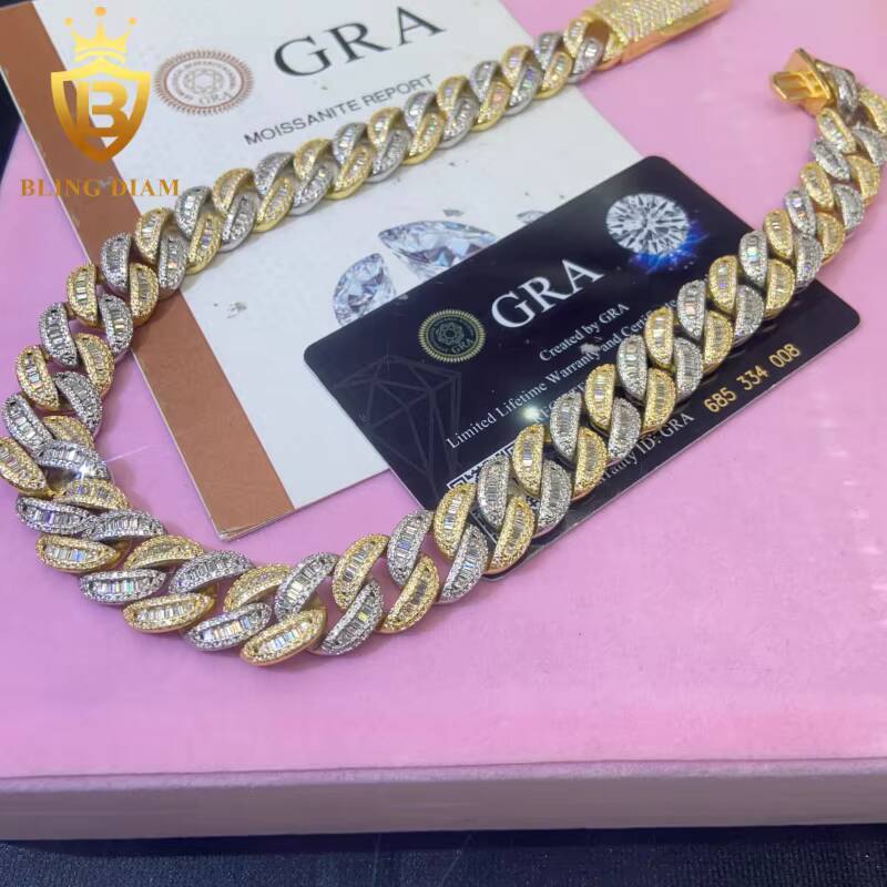 In Stock HipHop Style 15MM 925 Silver Moissanite Cuban Chain Pass Diamond Tester VVS Moissanite Necklace Chain Silver with GRA