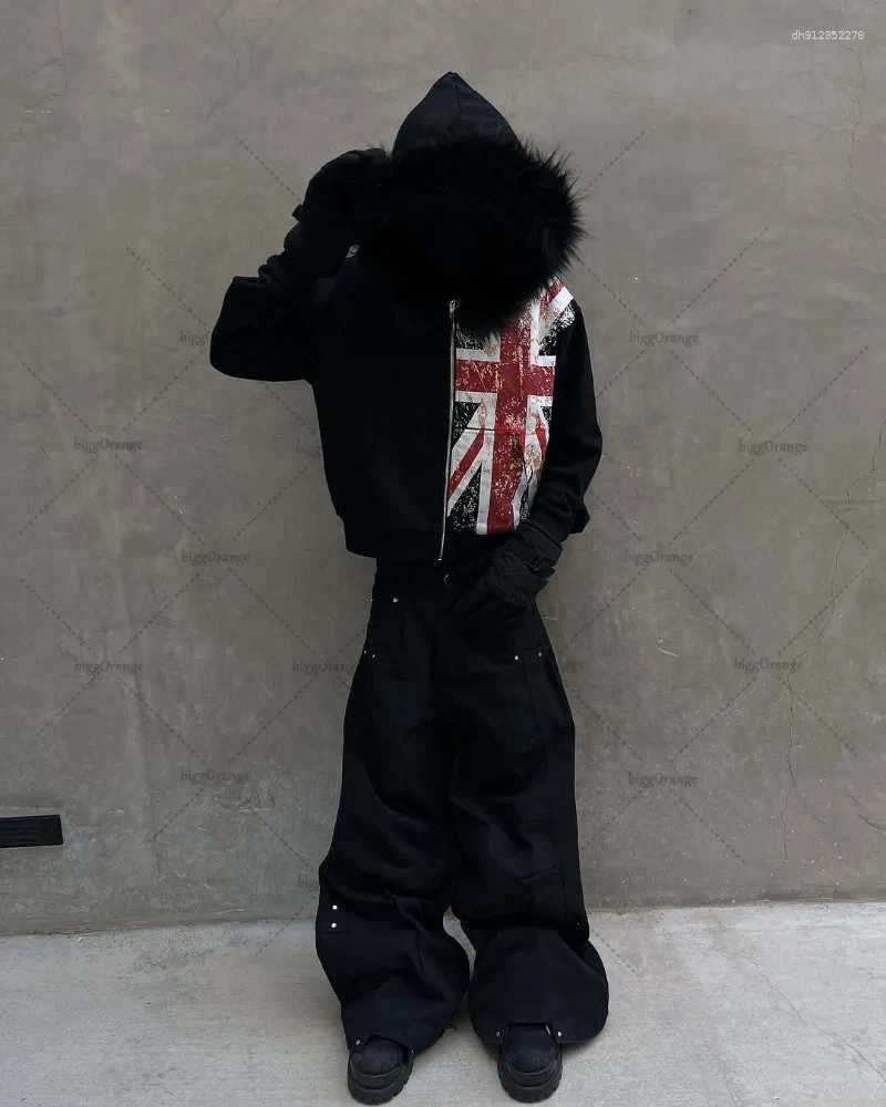 Men's Hoodies Black Printed National Fur Collar Oversized Hoodie Men Street Retro Clothing High Trendy Brand Zipper Sweatshirt
