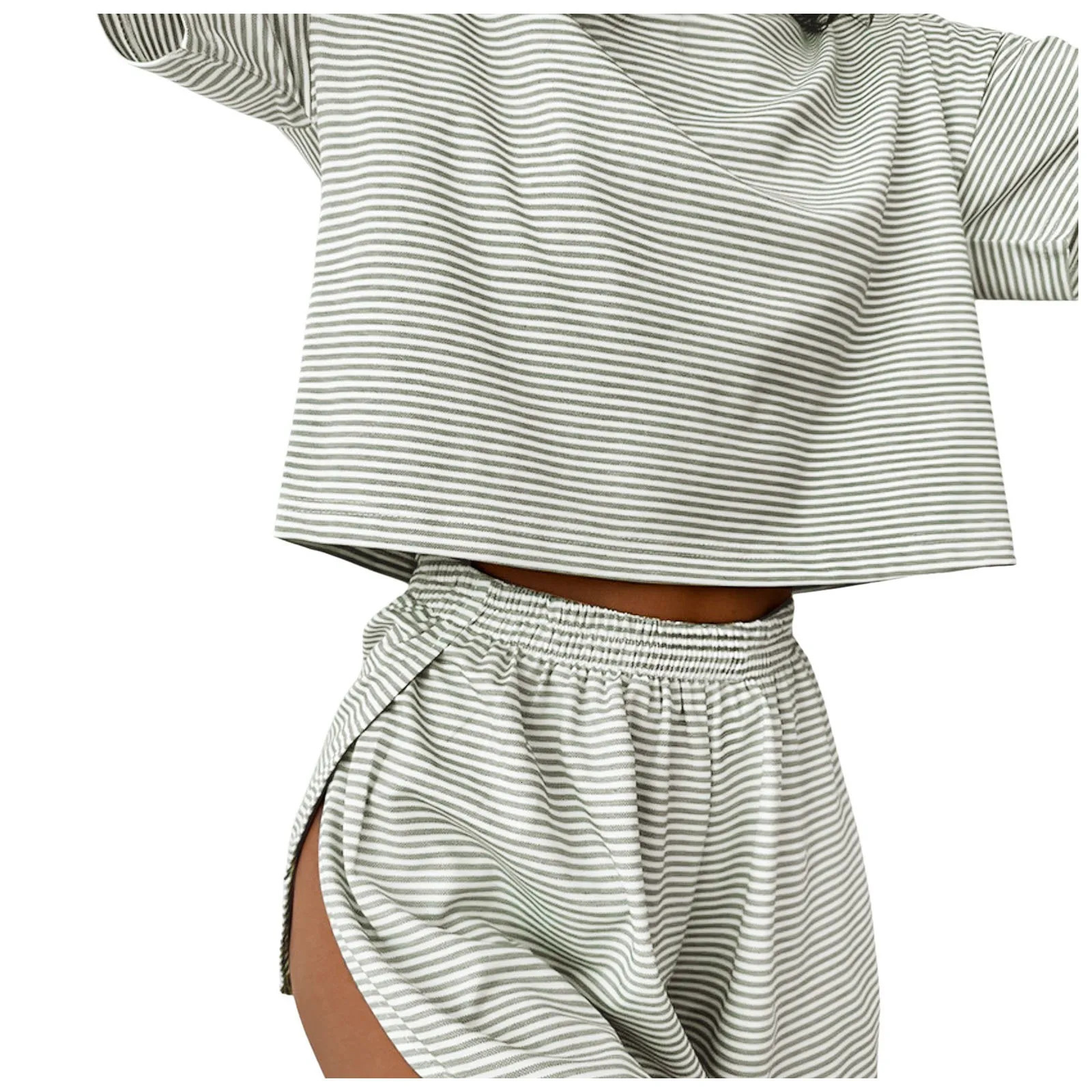 Womens striped pajamas set short sleeved Tshirt and 2piece womens home casual loose round neck 250313