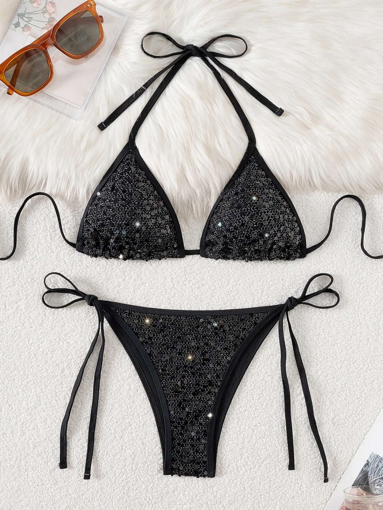 Dongdumaoyi Shiny Sequin Pink Black Bikini Women Sexy Mesh Push Up Bra Tie Side Thong Swimsuit Brazilian Beach Bathing Suit Swimwear