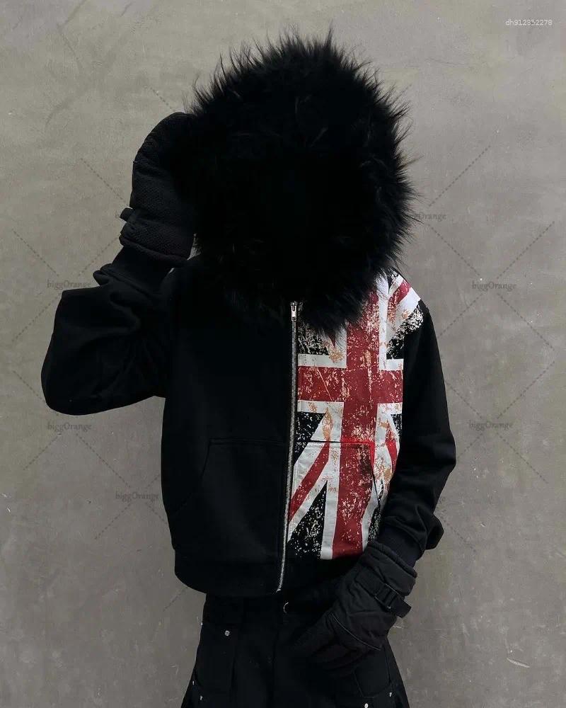Men's Hoodies Black Printed National Fur Collar Oversized Hoodie Men Street Retro Clothing High Trendy Brand Zipper Sweatshirt