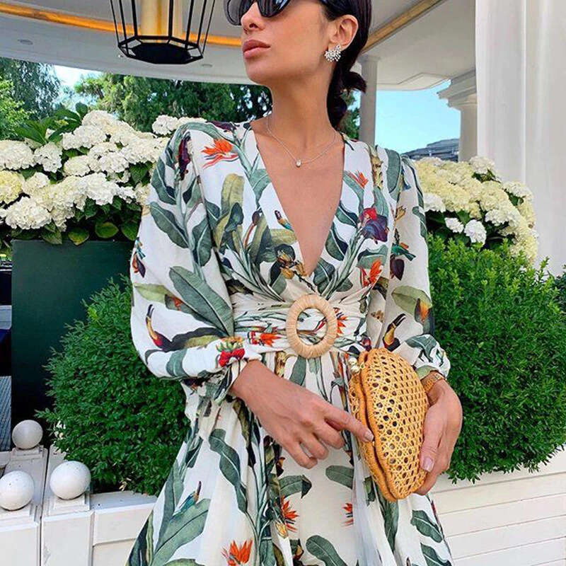 Wish Fashion Women's Clothing 2025 Summer New Deep V Off-Shoulder Printed Irregular Dress