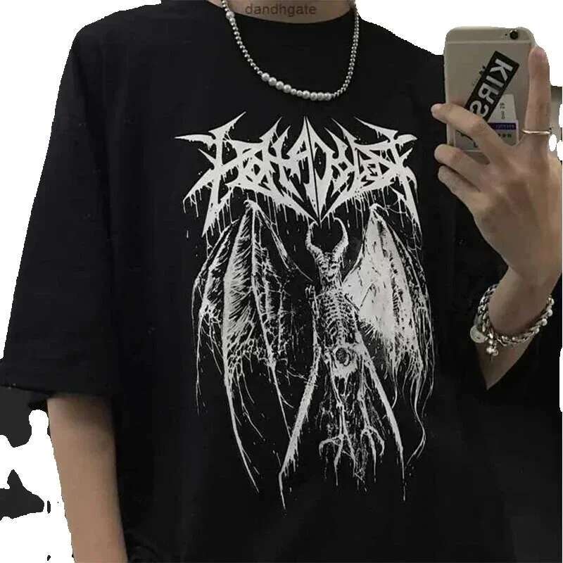 Gothic Demon Punk Print Black for Men and Women Haruku Y2K Tops Summer T-Shirt Retro Streetwear Oversized