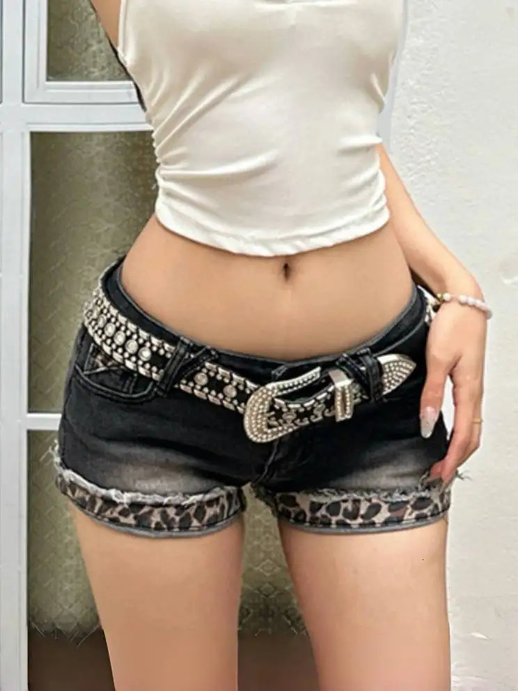 Women Emo Y2K Korean Streetwear Leopard Print Denim Mini Acubi Shorts Button Sexy Low Rise Short Trousers 2000s Alt Clothes 250407