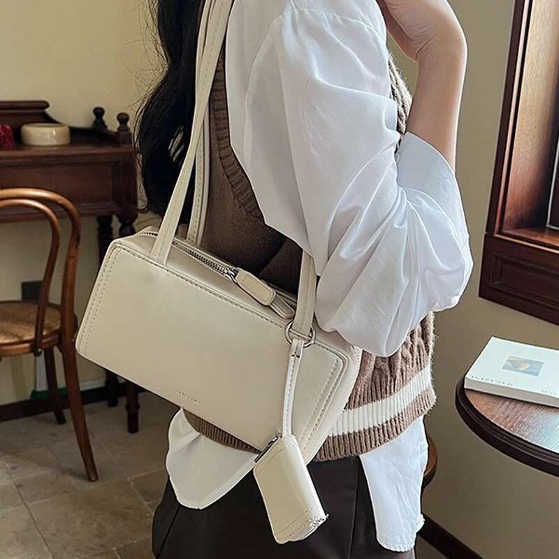 Ladies' Brown PU Leather Vintage Textured Small Women Versatile One Shoulder Underarm Bag Korean Fashion Handbag