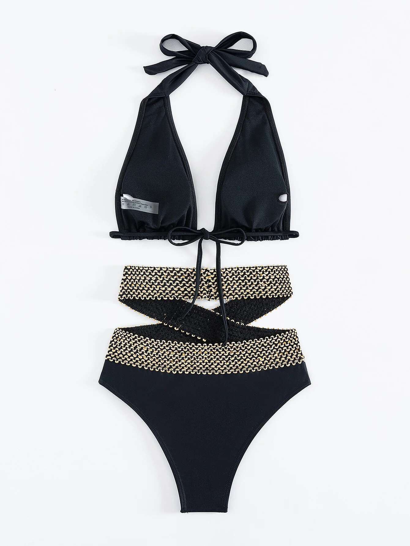Dongdumaoyi Sexy Knitted Patchwork Bikini Set Women Black Contrast Push Up Hollow Out High Waist Swimsuit Beach Bathing Suit Swimwear