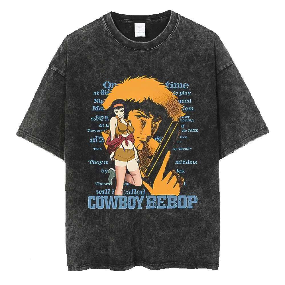 Anime hot denim Bebop pattern printed for men and women classic street Haruku men's top washed cotton cartoon T-shirt