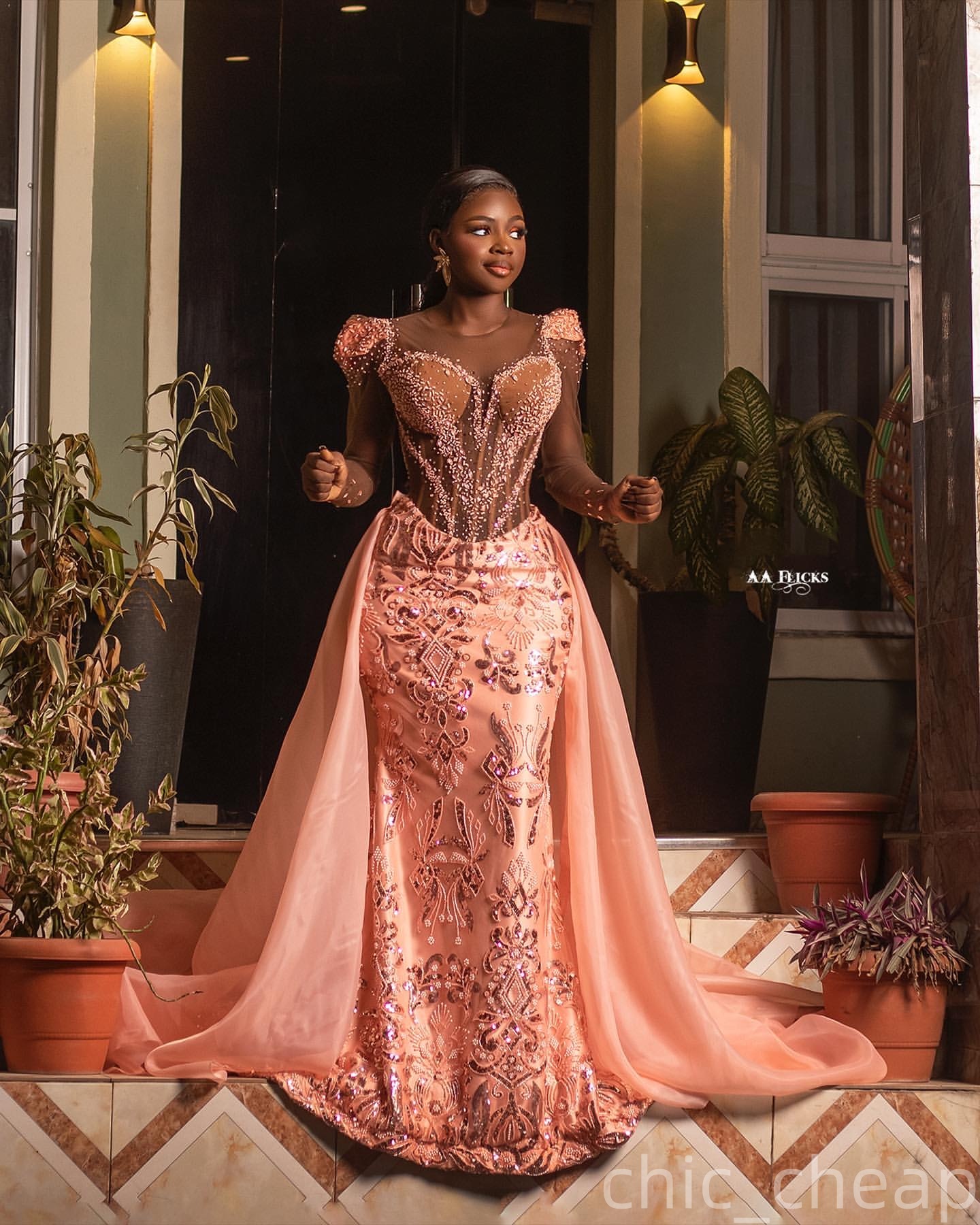 Aso Ebi Peach Mermaid Prom Dresses 2026 Beaded Detachable Train Sparkly Evening Formal Party Second Birthday Engagement Gowns Plus Size Dress For Spec