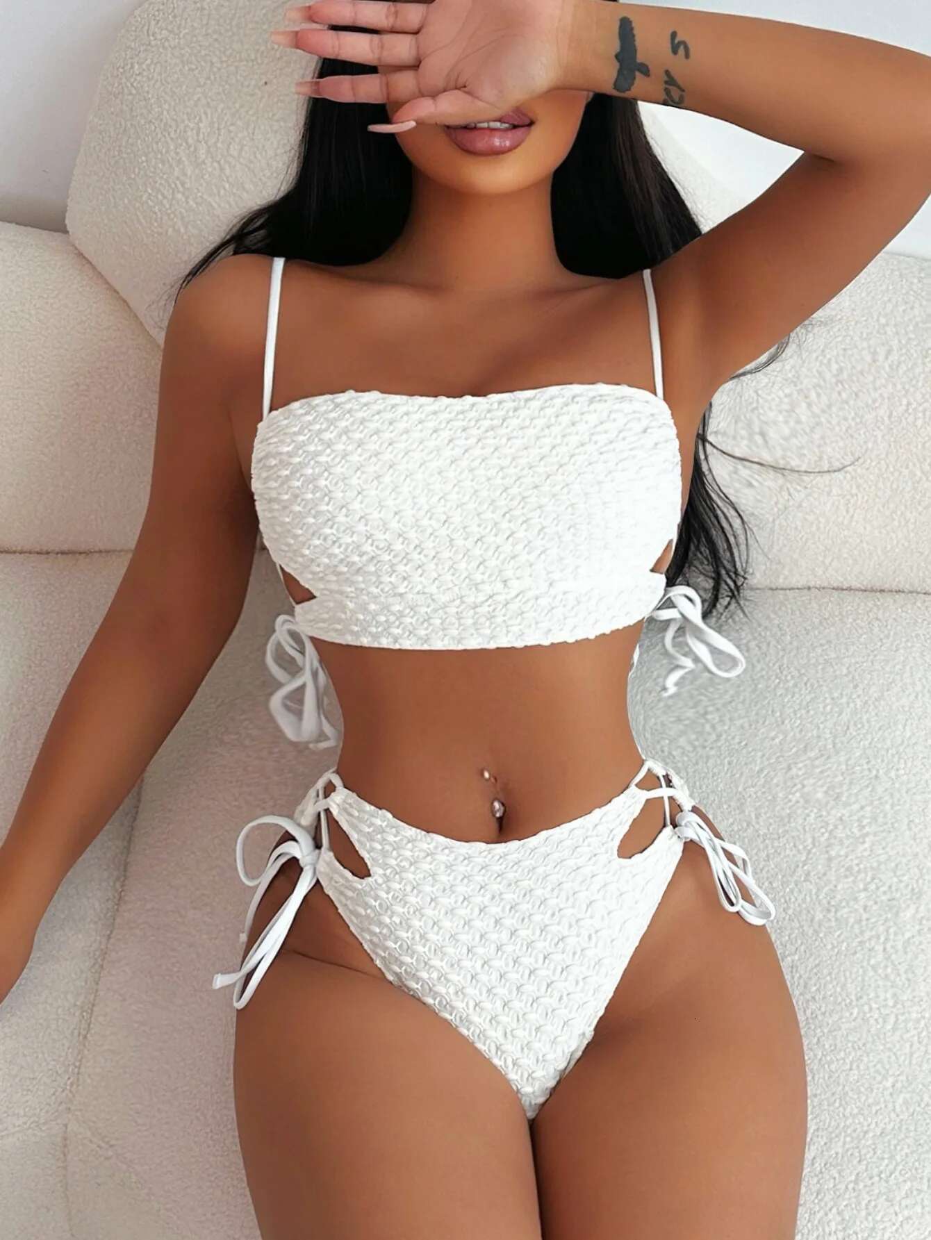 Dongdumaoyi Sexy White Bikini Set Women Hollow Bandage Cross Push Up Drawstring Side High Waist Swimsuit Beach Bathing Suit Swimwear