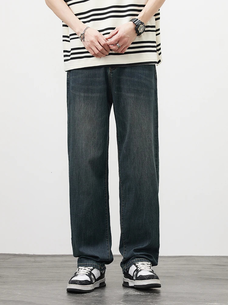 mens straight retro jeans soft Lyocell casual Trouser personalized highquality Korean fashion bagged 250401