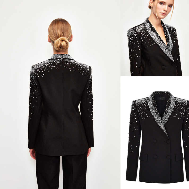 Fashion Style Mother Suits Shawl Lapel Diamonds Beaded Women Business Blazer Double Breasted Jacket Pants Business Wear Ladies Suit Customized High Qu