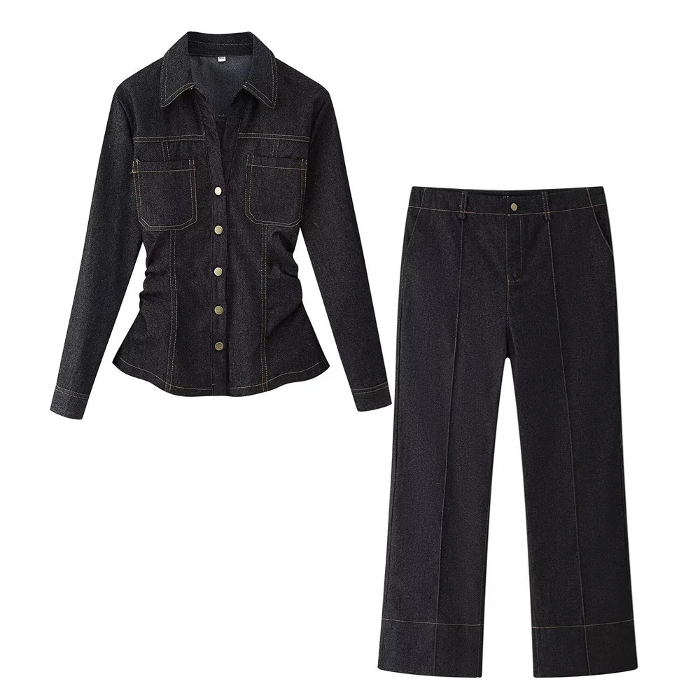 UNIZERA Womens Slim fit Long sleeved Collar Shirt with Shining Jeans Set Suitable for Spring Clothing 250407