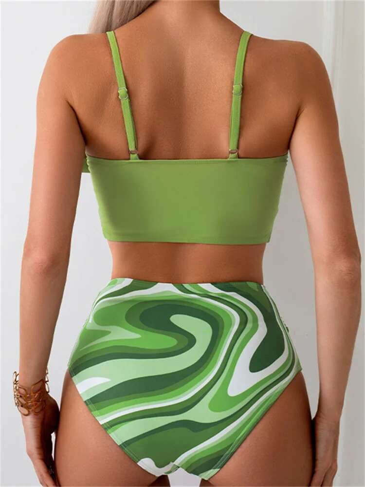 Dongdumaoyi Vintage Orange Front Bow Bikini Set Women Sexy Pleate Push Up Leaves Print High Waist Swimsuit Beach Bathing Suit Swimwear