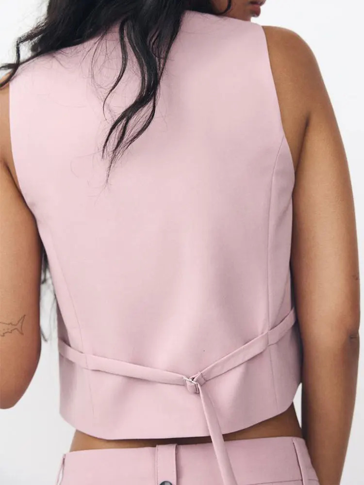 TRAFZA Womens Solid Pants Set Adjustable Straps Single Chest Vneck Tank Top High Waist Trouser Fashion Street 250313