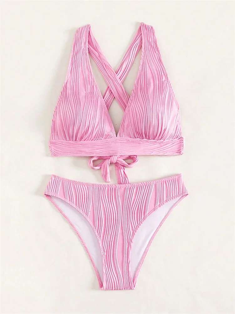 Dongdumaoyi Sexy Push Up Bikini Set Swimsuit Women S Pink Ribbed Pieces Swimwear V Neck Lace Beach Bathing Suit High Waist Bikinis