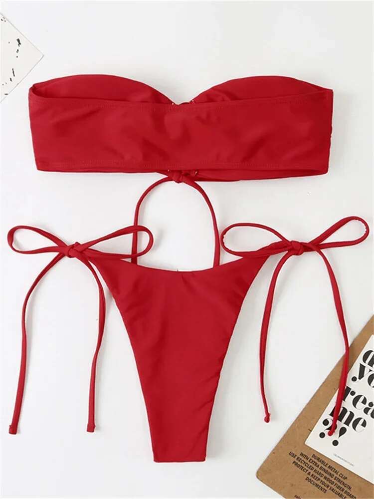 Dongdumaoyi Sexy Bandeau Bikini Swimwear Women Red Black Pleate Lace Up Swimsuit Cut Out Beach Bathing Suit Tie Side Thong Bikinis Sets
