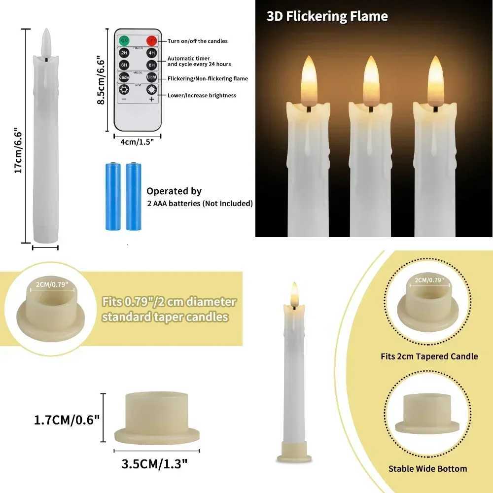 6/12Pc 66inch LED Flameless Taper Candles with Remote Flickering CandleSticks Plastic Window Candles for Halloween Christmas W251107