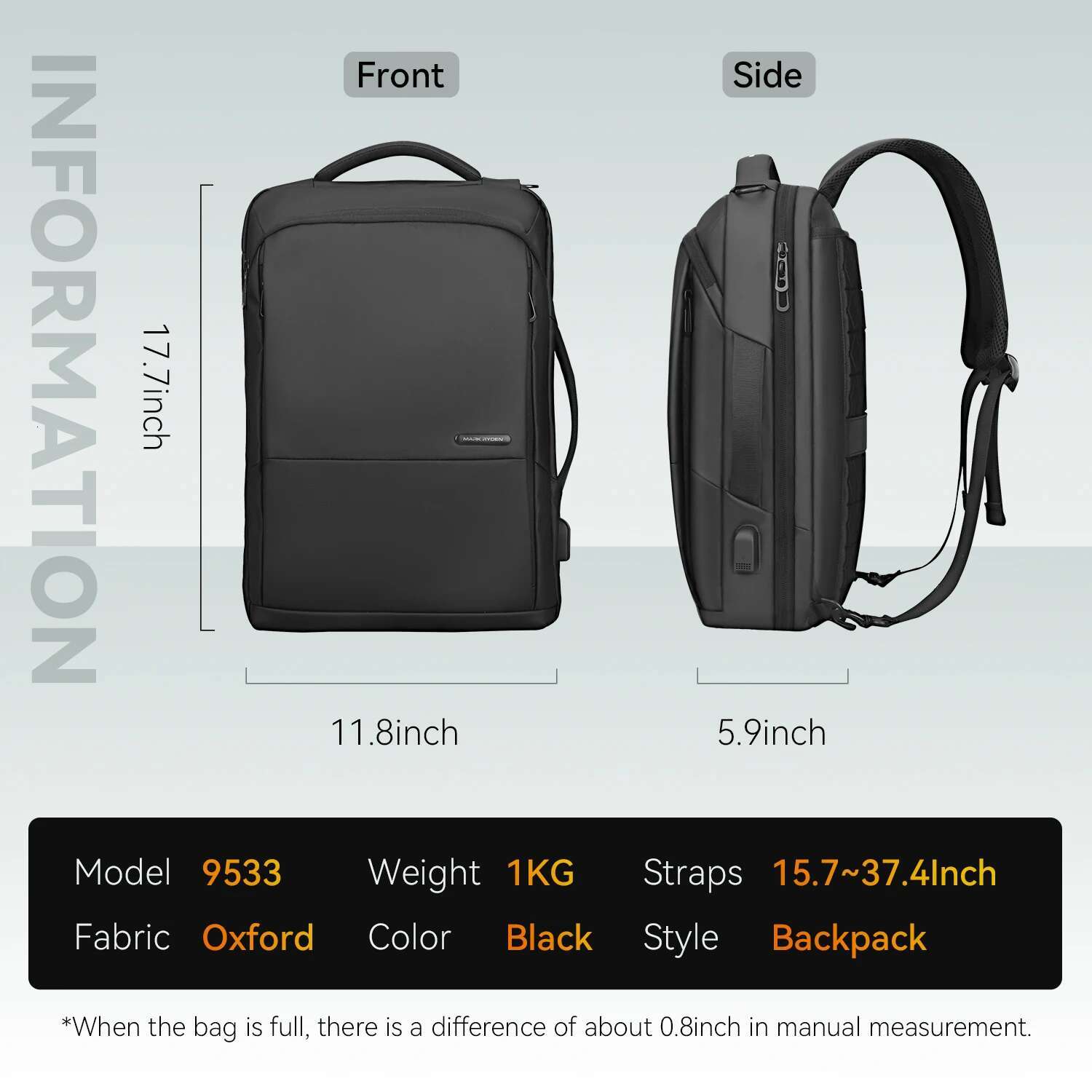 Mark Ryden 15.6 Inch Laptop Backpack Travel With USB Charging Port School Backpacks Waterproof Bag For Men