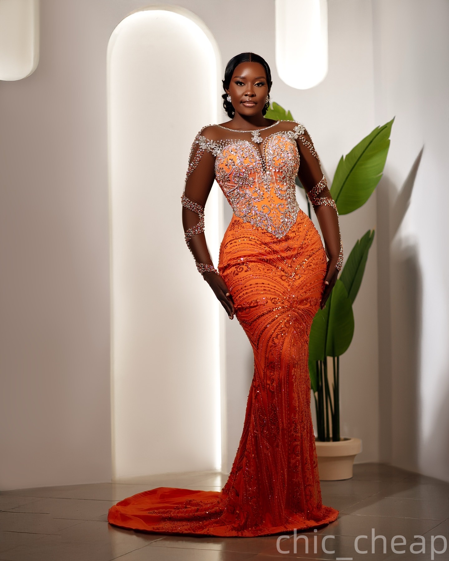 Aso Ebi Mermaid Orange Prom Dresses 2026 Crystals Detachable Train Evening Formal Party Second Birthday Engagement Gowns Plus Size Dress For Special O