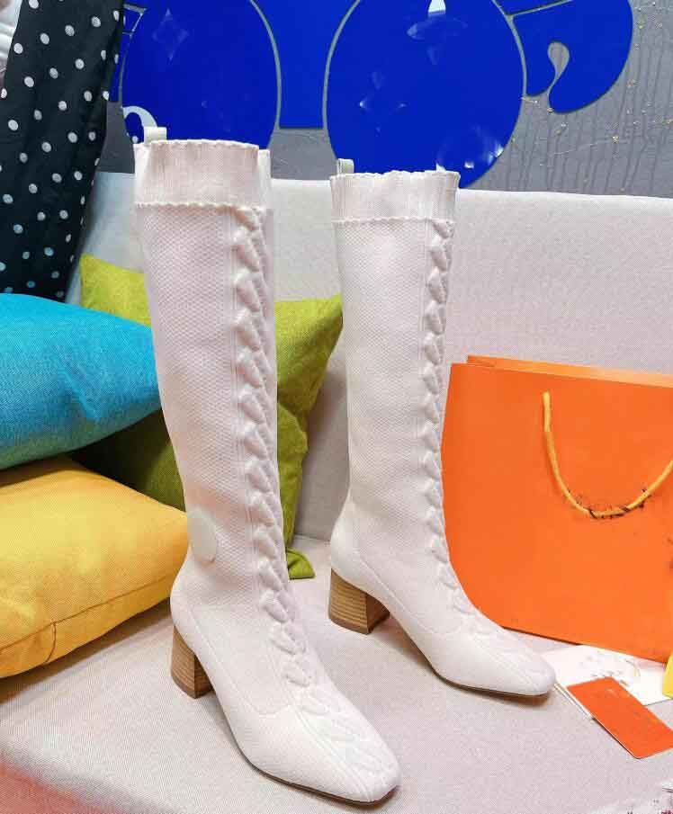 25S/S Womens Designer Knitted knee high boots designer women booties chunky heel new elastic sock boots over the knee fashion leather boot fall winter long booties