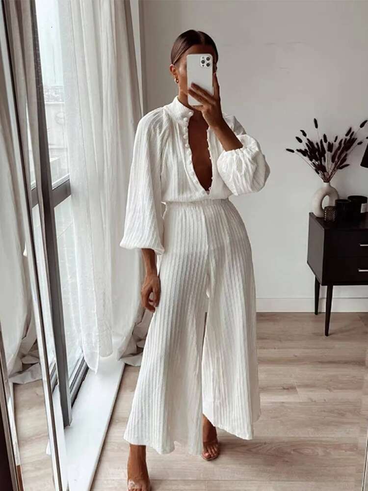 Women Solid Wide Leg Pants Suit Chic Stand Collar Single Breasted Long Lantern Sleeves Shirt 2024 New Streetwear Lady 2 Pcs Set