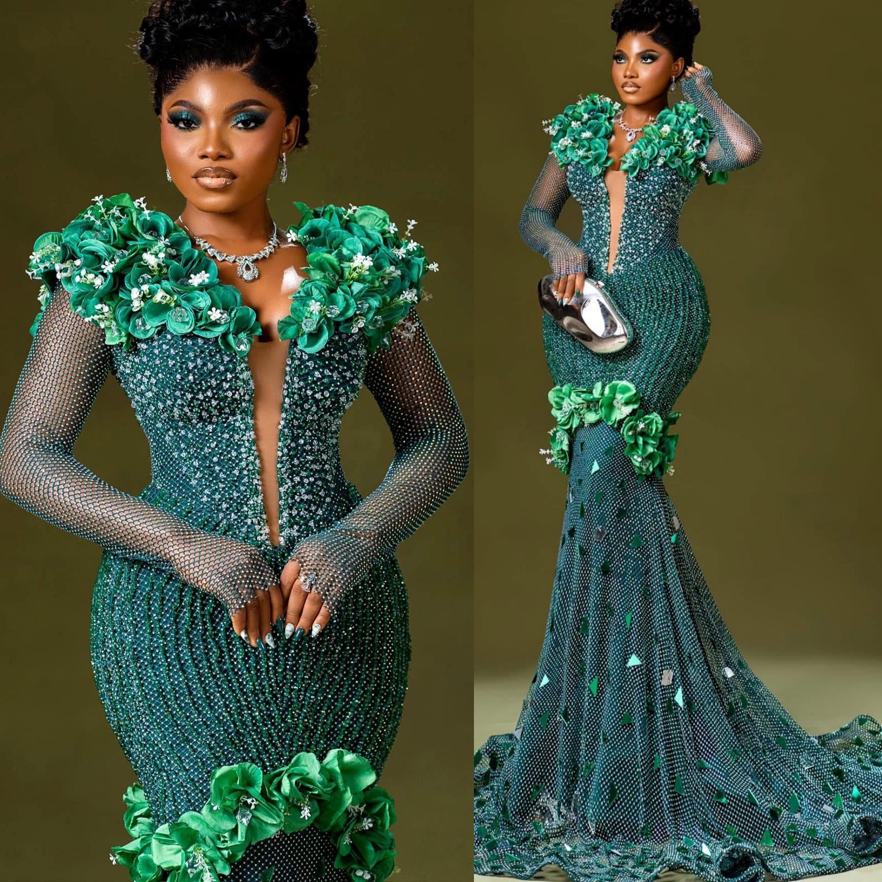 Aso Ebi Dark Green Sheath Prom Dresses 2026 Flowers Crystals Sparkly Evening Formal Party Second Birthday Engagement Gowns Plus Size Dress For Special