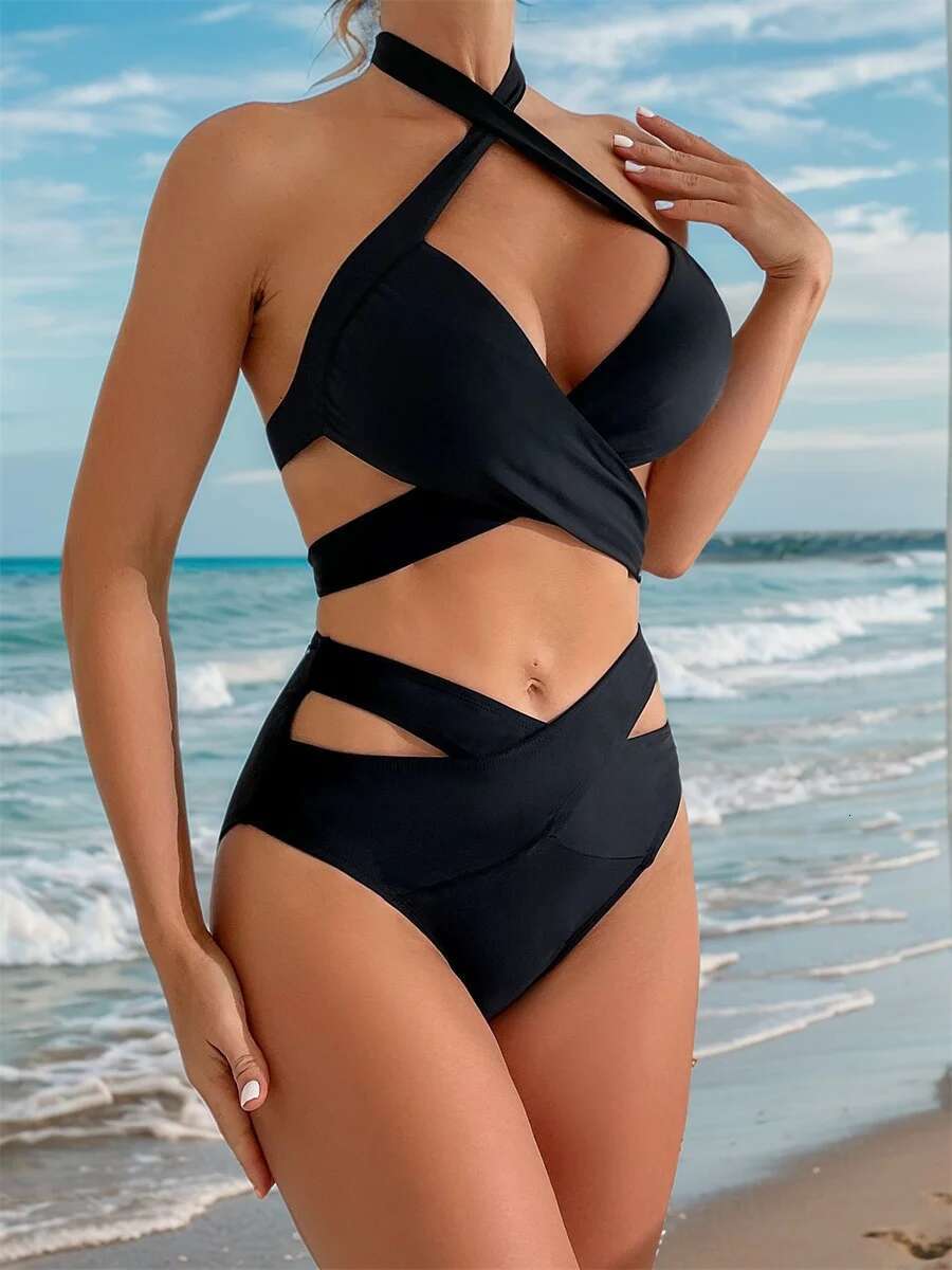 Dongdumaoyi Sexy Halter Cross Bandage Bikinis Sets Women Black Hollow Out High Waist Swimsuit Beach Bathing Suit Two Piece Swimwear