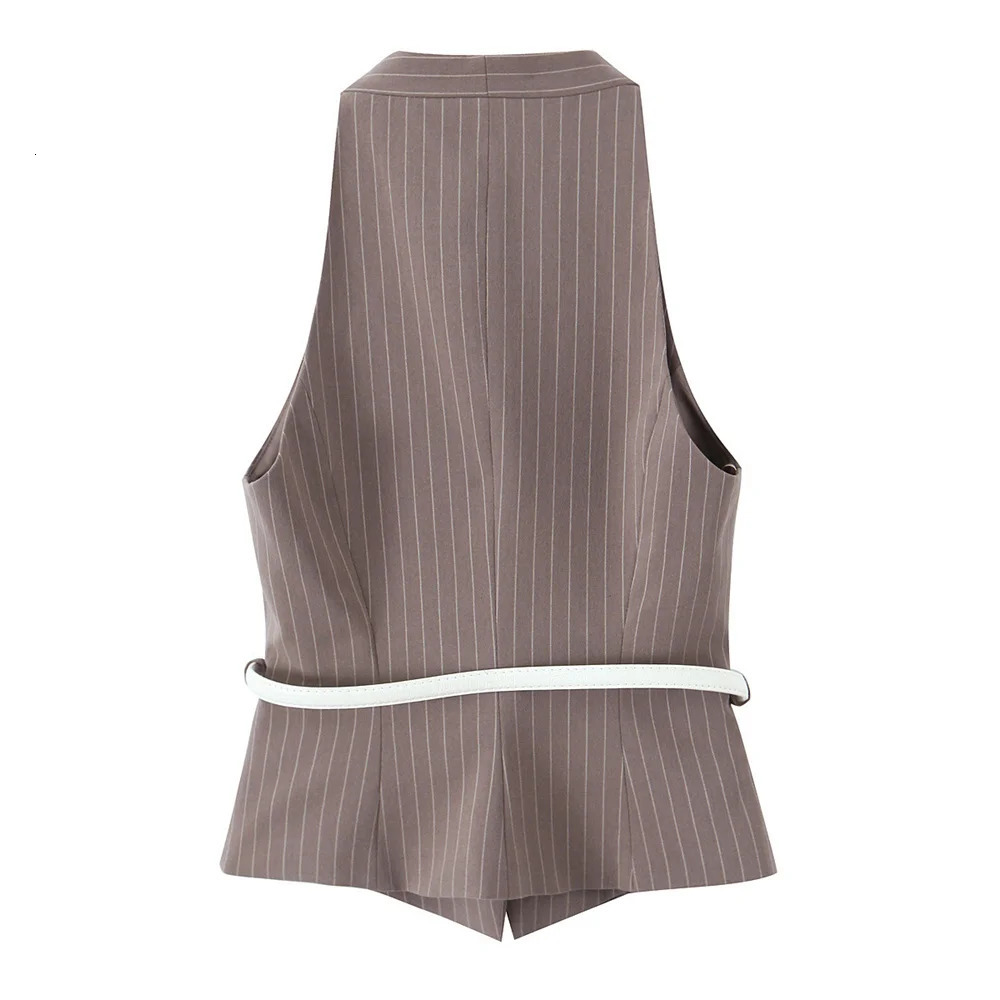 TRAF Womens Fashion Brown Knitted Sleeveless Tank Top and Wide Leg Pants Set with White Ribbon Details 250407